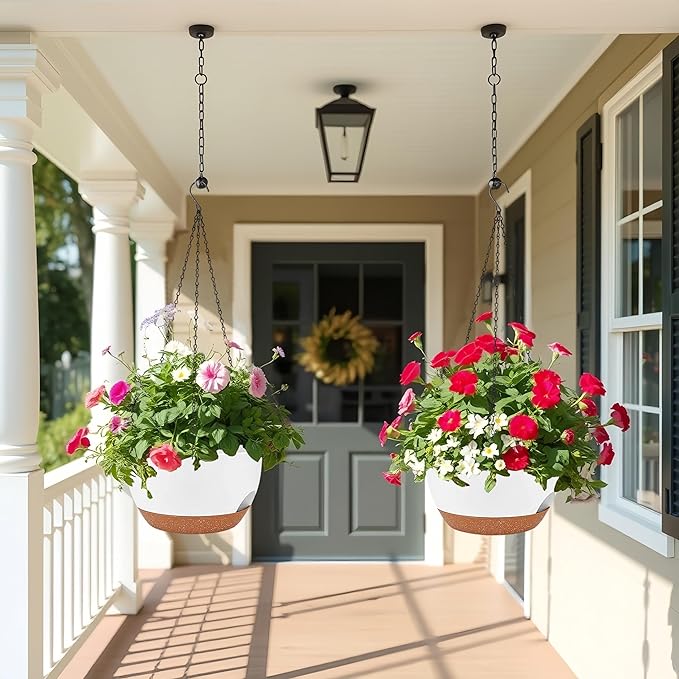 2 Pack 12 Inch Large Hanging Planters with Chains Self Watering White Brown Plastic Hanging Pots for Indoor Outdoor Plants, Garden Porch Home Decor,White Brown