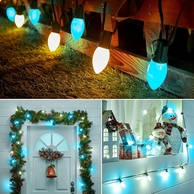 Minetom Outdoor Christmas Lights, 50 FT Vintage Blue and White C9 Christmas String Lights for Christmas Holiday Indoor Room Roofline Backyard Garden Patio Home Decor, E17 Base, Green Wire