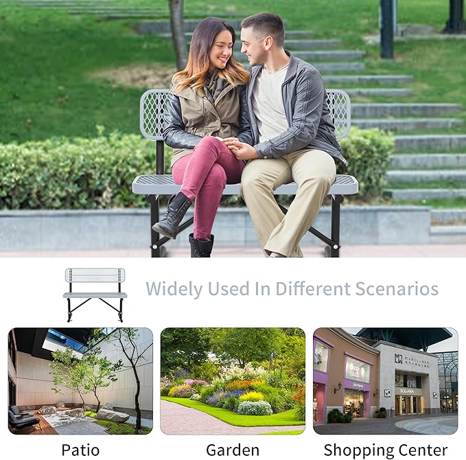 Heavy Duty Park Bench with Back Portable Frame, Outdoor Steel Bench with Backrest, Outdoor Park Bench Expanded Metal Mesh Bench for Lawn, Park, Deck, Garden, Patio, Porch, Black (Gray, 4FT)