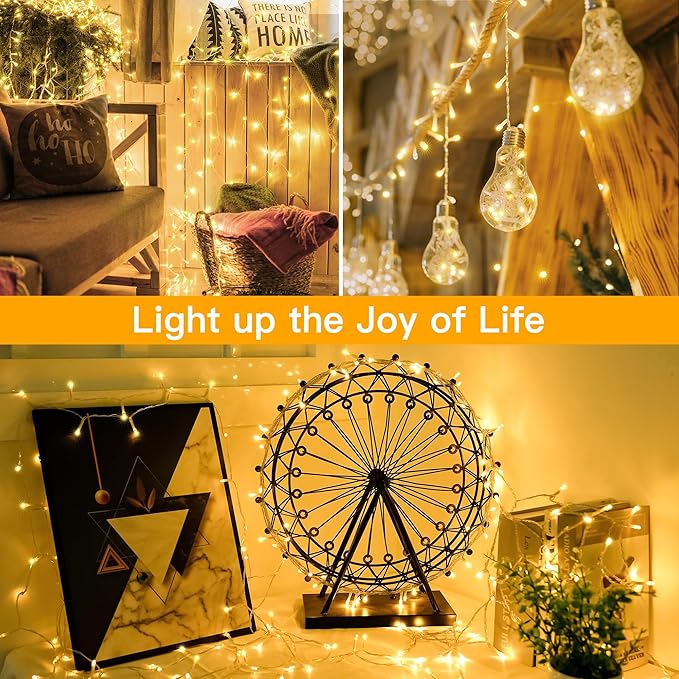 Ollny String Lights Indoor 200LED 60FT, Warm White Connectable Plug in LED Outdoor Light, 8 Modes Waterproof Timer Christmas Lights for Outside Bedroom House Party Wedding Camping