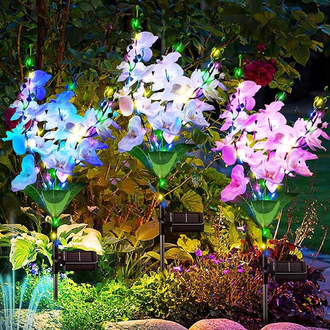 Solar Garden Lights Outdoor Decor, 3 Pack Newest Version Phalaenopsis Orchid Flower Solar Lights for Outside, 240 LED Colorful Waterproof Solar Lights Outdoor for Yard Patio Decor, Gift for Mom