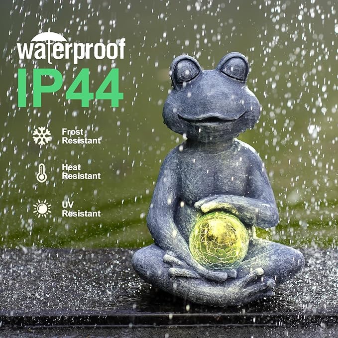 Meditating Yoga Frog Statue with Solar LED Light Ball - 10L x 11.1H Zen Garden Frog Figurines for Home and Garden Decor, Frog Decorations Gift Ideas, Frog Gifts for Women Mom