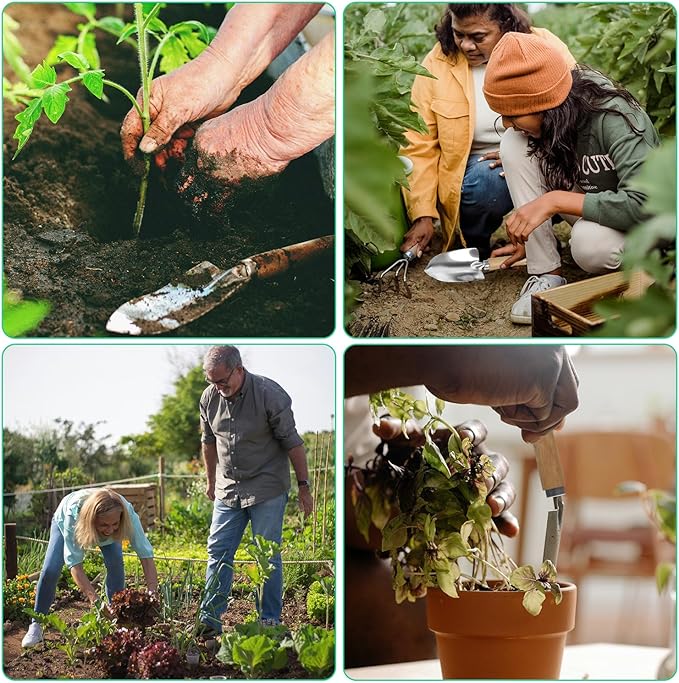 LeMotech Garden Tool Set, 2Pcs Gardening Hand Tools, Stainless Steel Trowel and Cultivator with Beech Handle, Outdoor Gardening Kit for Women Men