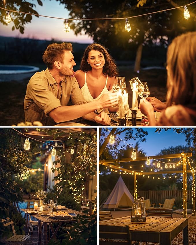 Brightown 30FT Solar String Lights Outdoor with 15 Shatterproof Bulbs, 8 Light Modes Vintage Hemp Rope LED Patio Lights, Waterproof Hanging Lights for Porch Garden Café Bistro Decor, Warm White