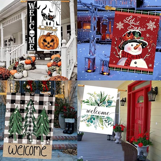Seasonal Garden Flags Set of 12 Double Sided 28 x 40 Inch Yard Flags, Large House Flags for Outside, Fall Winter Halloween Christmas Outdoor Flags, Holiday Garden Flags for All Seasons