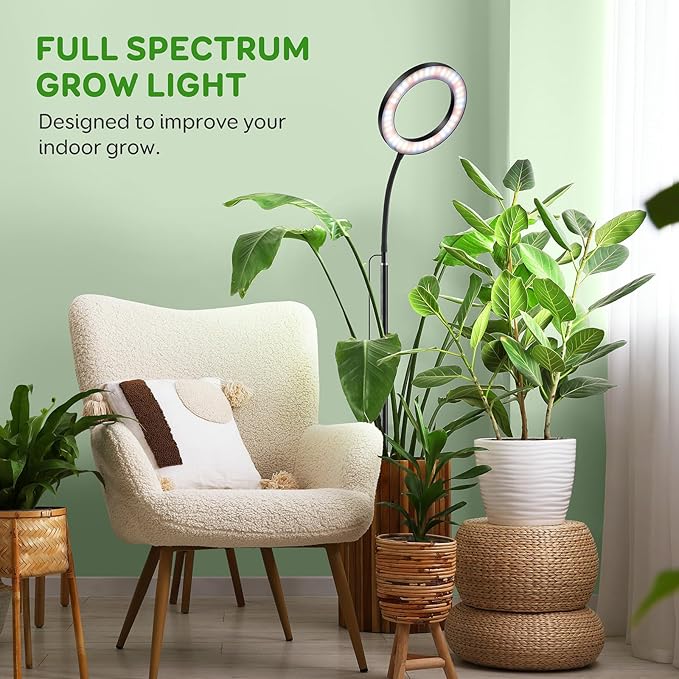 One Head Grow Lights for Indoor Plant Full Spectrum, Plant Lights for Indoor Growing with 3/9/12 Timer, 5 Dimmable Levels,Height Adjustable 16.5''-61",Strong Base for Large Plants Happy Light