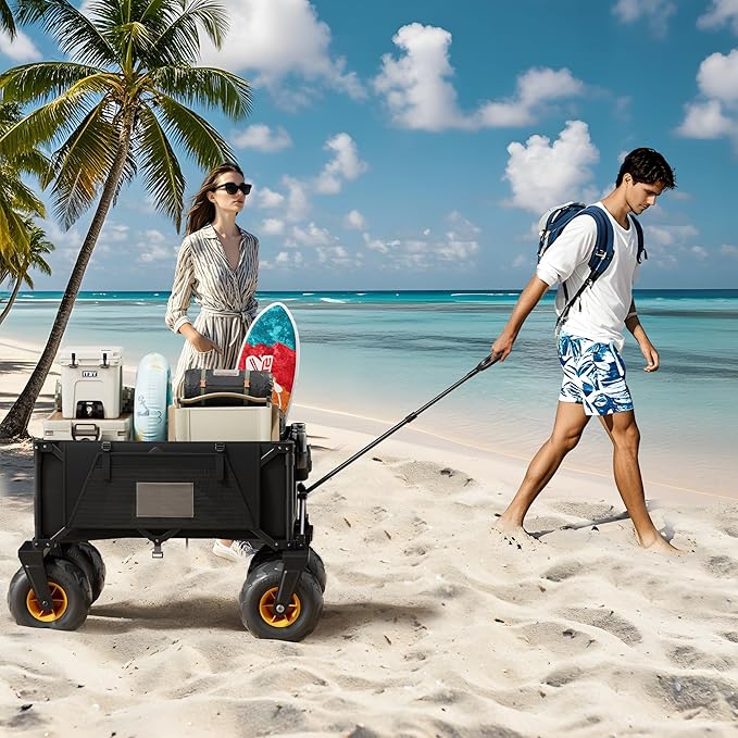 DXZ Beach Wagon Cart with Big Wheels for Sand – Folding Collapsible Wagon, Heavy Duty Wagons Carts Foldable for Beach, Camping, Outdoor Gear, Easy Setup Black Yellow