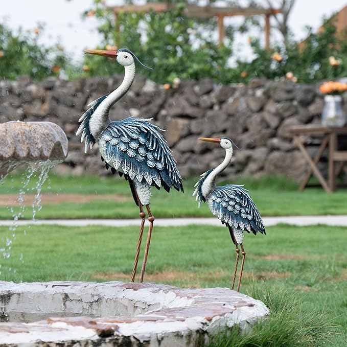 TERESA'S COLLECTIONS Garden Decor Blue Heron Sculptures & Statues Backyard Decor,24.5" Coastal Metal Cranes Decoy for Outdoor Decoration Outside Yard Art Patio Pond Pool Lawn,Housewarming Gift for Mom