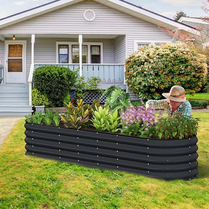 Kesfitt Galvanized Raised Garden Bed Kit,18" Tall 7-in-1 Outdoor Metal Planter Boxes with Safety Edging,8×2×1.5FT Modular Large Steel Raised Beds for Gardening Vegetables Fruits Flower