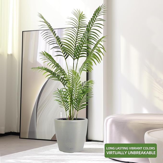 Dexceder 15x14 Self Watering Planter with Wheels Indoor Outdoor, Inner Pot Design, Thickened Large Floor Standing Flower Plant Pot with Water Level Indicator (Grey Gold Crackle)