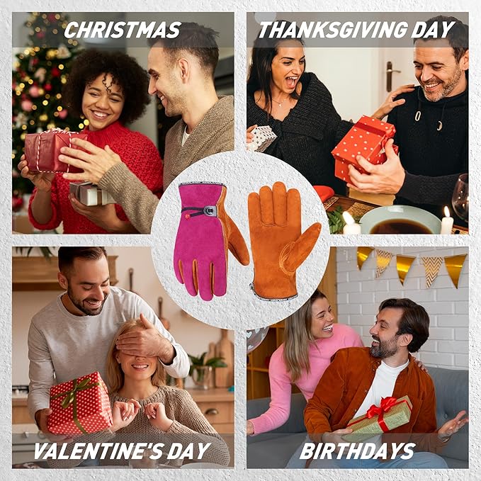 HLDD HANDLANDY Leather Work Gloves for Men & Women, Adjustable Wrist Cowhide Gardening Glove with Reinforced Palm for Driver