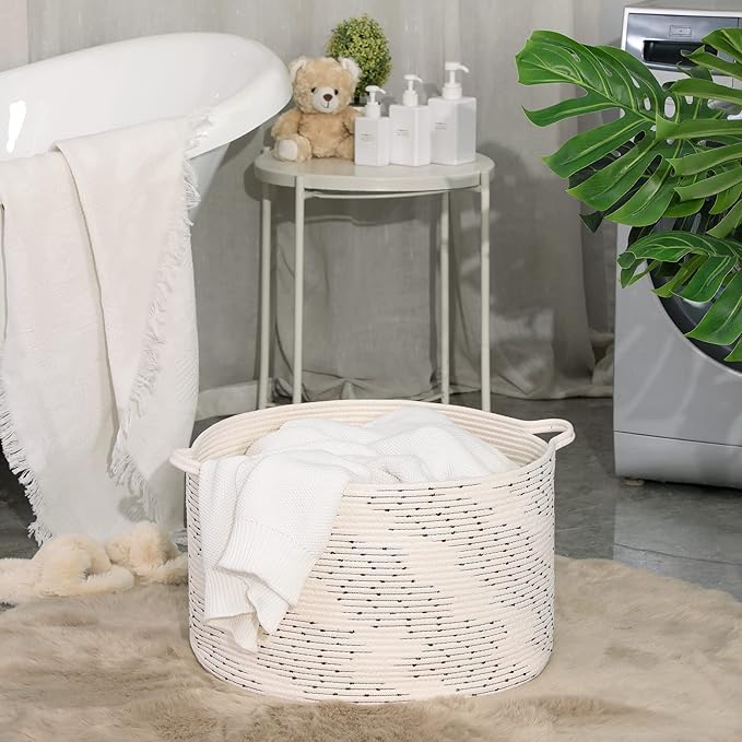 KAKAMAY Large Blanket Basket (20"x13"),Woven Baskets for storage Baby Laundry Hamper,Cotton Rope Blanket Basket for Living Room, Laundry, Nursery, Pillows, Off White with Blue & Brown Dotted Pattern