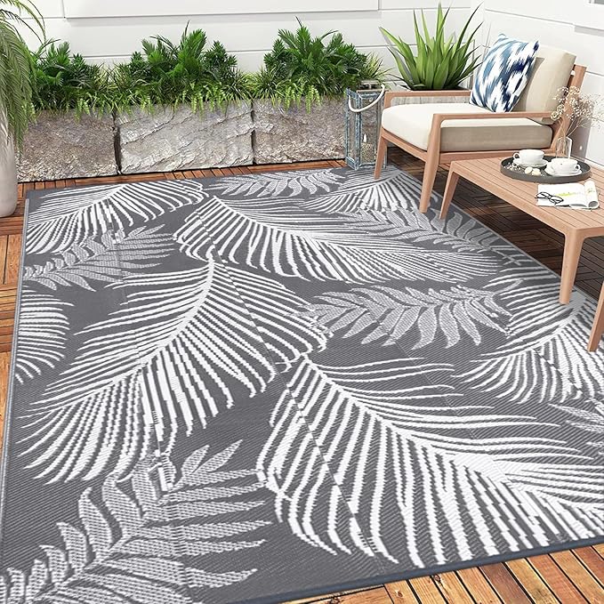 Pauwer Waterproof Outdoor Rug 8x10, Reversible Plastic Straw Patio Camping Rug, Indoor Outdoor RV Mat Carpet for Deck, Camper, Porch, Balcony, Backyard, Picnic, Leaf Grey