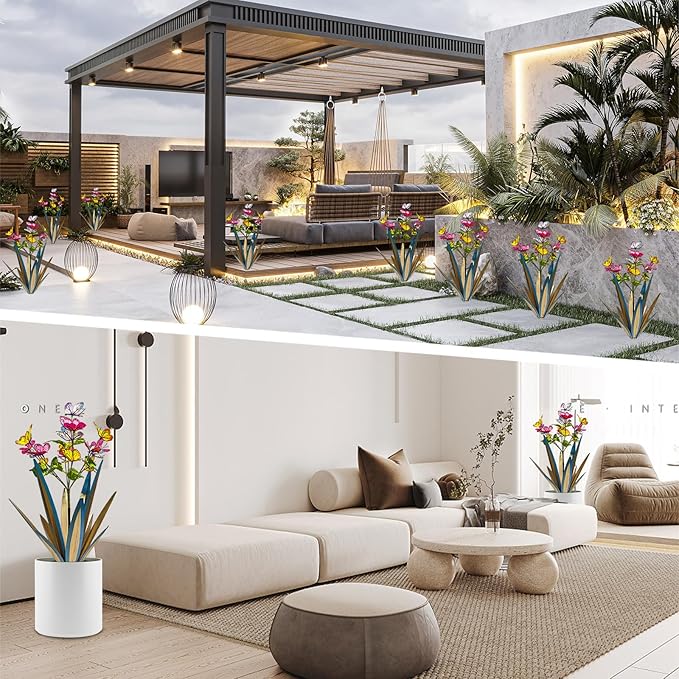 Garden Outdoor Butterfly Enlarge Thickened Wind Resistant Metal Agave Garden Art Metal Plant Country Sculpture Statue Decorations Ornaments Artificial Waterproof Butterflies (Blue 3pcs)