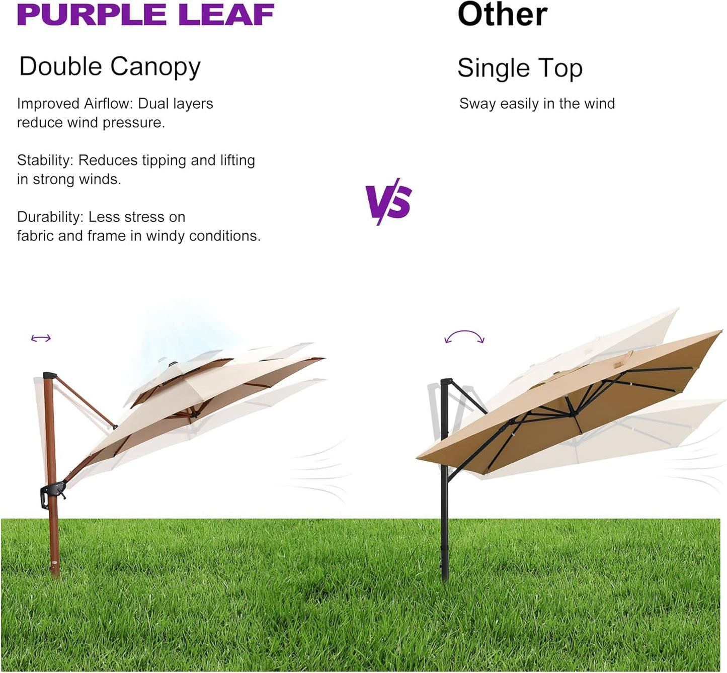 PURPLE LEAF 10ft Patio Umbrella Outdoor Round Umbrellas Large Cantilever Umbrella Windproof Offset Umbrellas Heavy Duty Sun Umbrella for Garden Deck Pool Patio, Beige