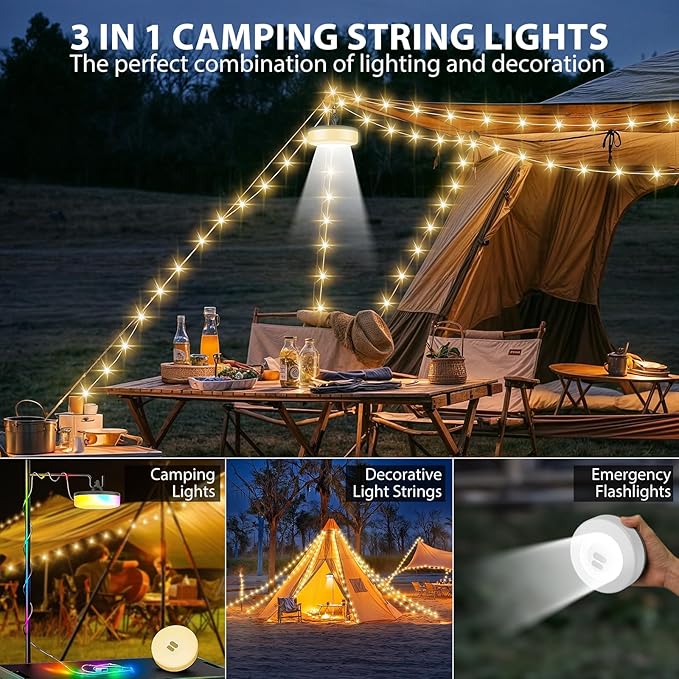 Camping String Lights, 4 in 1 Quick Storage 32.8FT Rechargeable Tent Lights with 6 Modes Hanging Waterproof Camp Lamp Camping Essentials for AwnTent Hiking Garden Bedroom Festival (Warm White)-2Pack