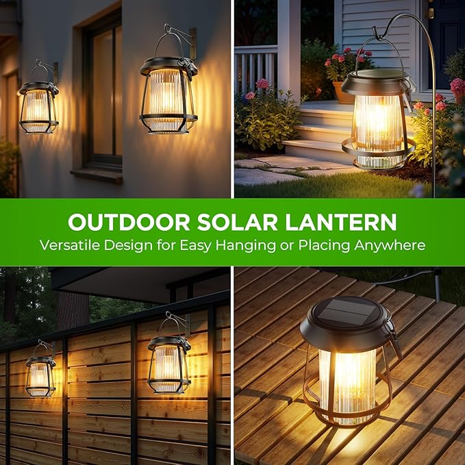 Solar Lanterns Outdoor Waterproof, Metal Hanging Solar Lights Outdoor with Hooks Wall Mount Kit, Solar Powered Lanterns for Garden Porch Patio Fence Decorative 4 Pack (Warm Light)