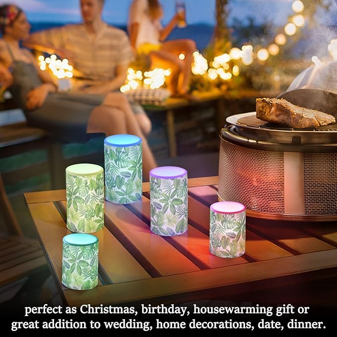 Flickering Flameless Candles, Tropical Palm Leaves Exotic LED Candles with Remote Timer, Set of 2 Battery Operated Candle for Valentine Wedding Birthday
