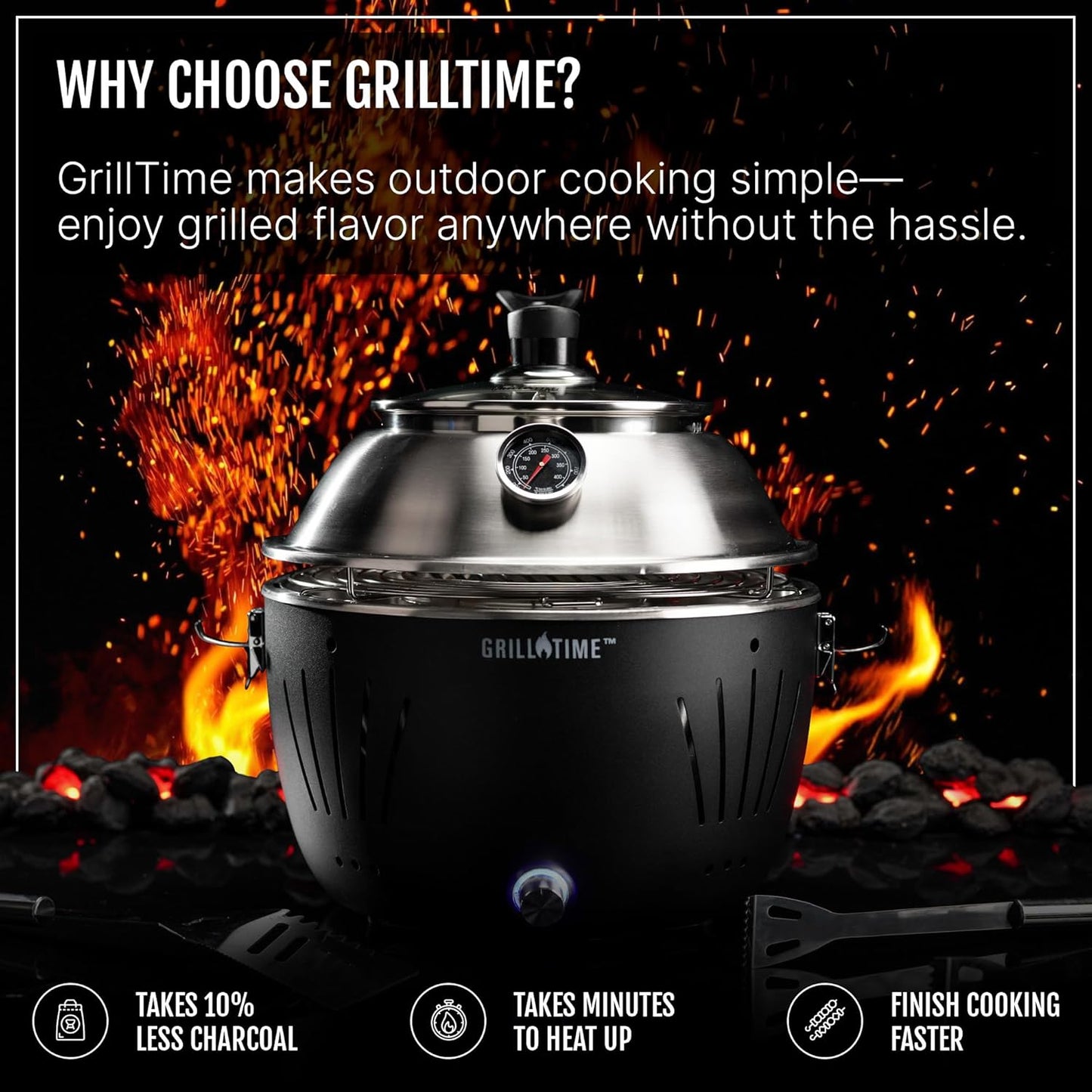 GrillTime Tailgater GT Hood Combo 13 Inch - Portable Charcoal Grill with Hood, Small Tabletop Grill for Tailgate Parties, Camping, Beach BBQ Red