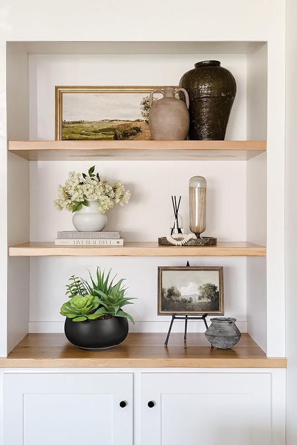 Fake Plants Artificial Succulents in Pots Faux Succulent Arrangement Potted Plant with Black Ceramic Pot for Home Decor Modern Office Desk Bathroom Shelf Living Room Indoor & Outdoor Decoration