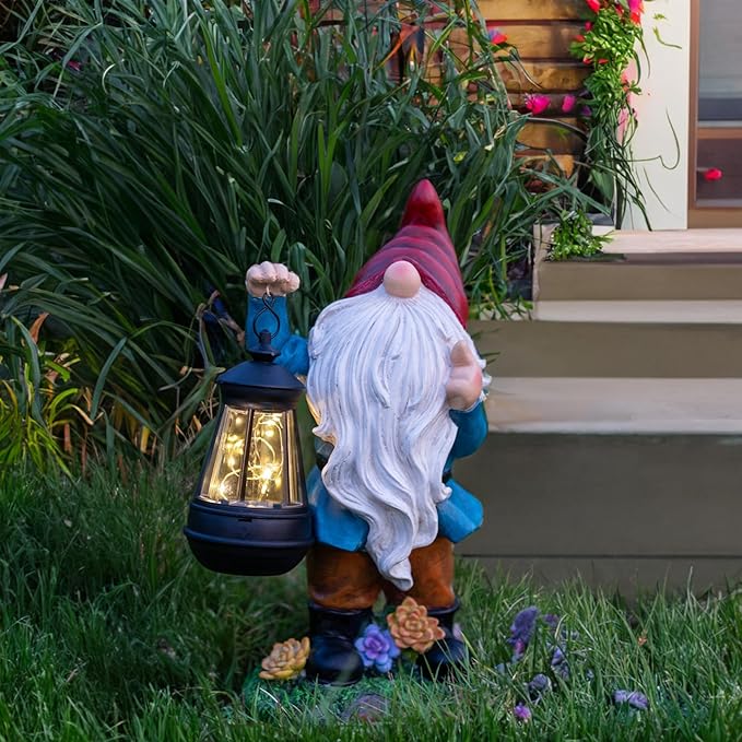 Solar Garden Statue Lights Gnome Figurine with Solar Lantern, Outdoor Garden Succulent Ornaments Waterproof Christmas Decoration for Outside Patio Yard Lawn Decor