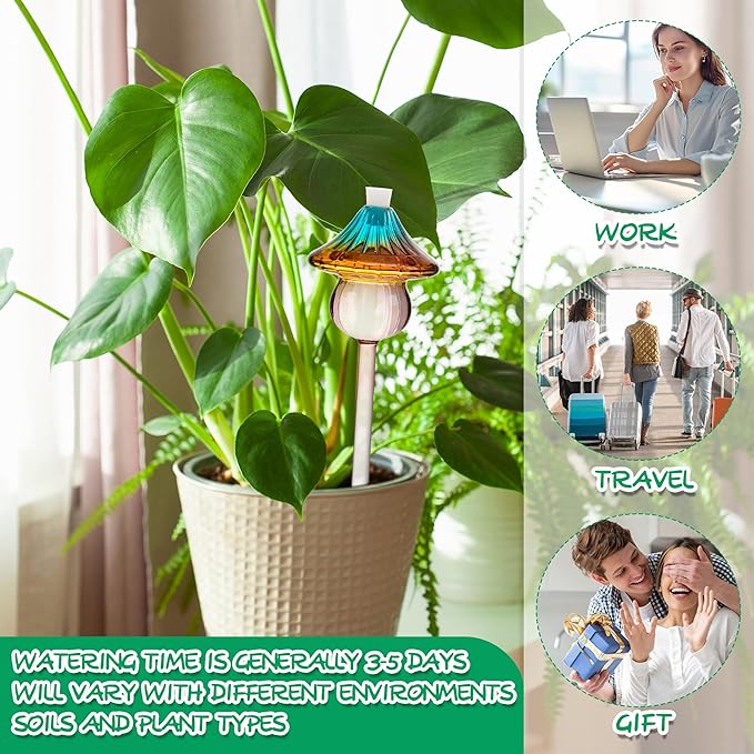Plant Watering Globes Mushroom, Rainbow Gradient Color Glass Watering Bulbs, Self Watering Planter Insert, Self Watering Globes - Plant Watering Devices for Travel Vacation (2 PCS)