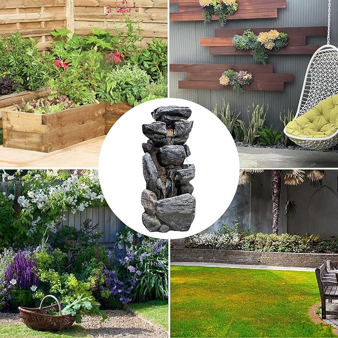Water Features Outdoor Patio 6-Tier Cascading Rock Water Fountain 31.5''Water Fall Fountain Outside Resin Fountain with Light Mossy Rock Floor Garden Fountain Indoor for Relaxation Home Decor