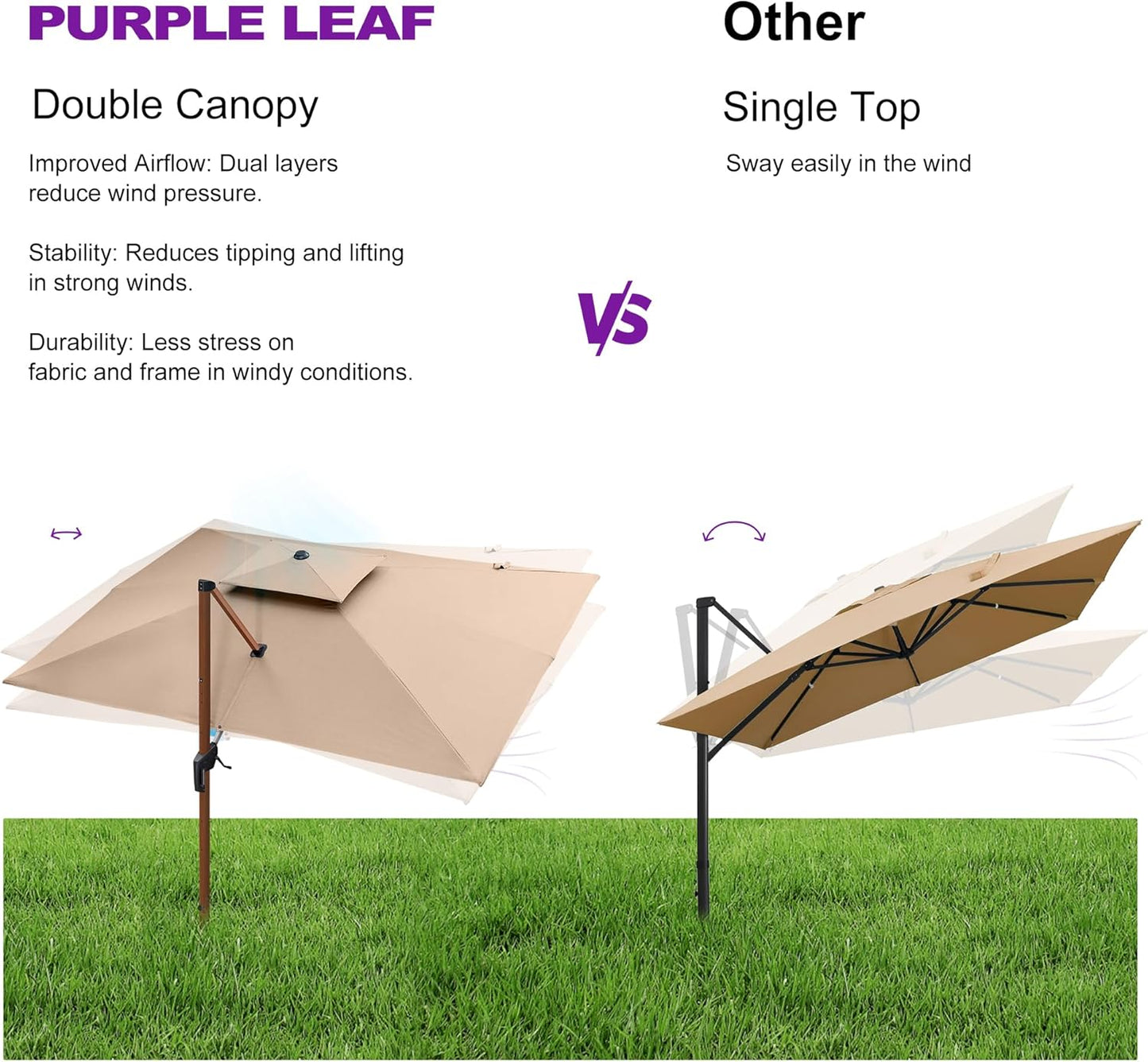 PURPLE LEAF 12ft Patio Umbrella Outdoor Square Umbrellas Large Cantilever Umbrella Windproof Offset Umbrellas Heavy Duty Sun Umbrella for Garden Deck Pool Patio, Beige