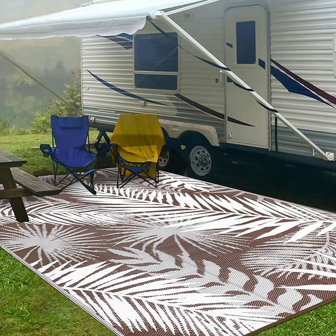 Outdoor Rug Waterproof for Patios Clearance, Reversible Outdoor Plastic Straw Rug Camping Carpet, Outside Floor Mats Large Area Rugs for RV,Patio,Deck,Porch,Beach,Balcony,10'x8',Brown&White