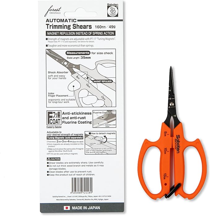 Saboten Japan 6.3" Automatic Japanese Harvesting Shears - Fine-Tipped Angled Blade, Magnetic Springless Action, Stainless Steel with Fluorine Coating, Ergonomic Grip - forest Originals, Made in Japan