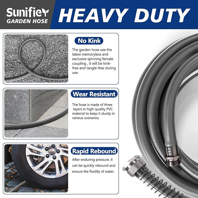 5/8’’ Heavy Duty Garden Hose 100 ft – Outdoor Hybird Water Hose with Solid Fitting - Flexible, Kinkless, Lightweight Garden Hose for Lawn Watering, Car Washing - Burst 500 Psi (Grey,50 ft)