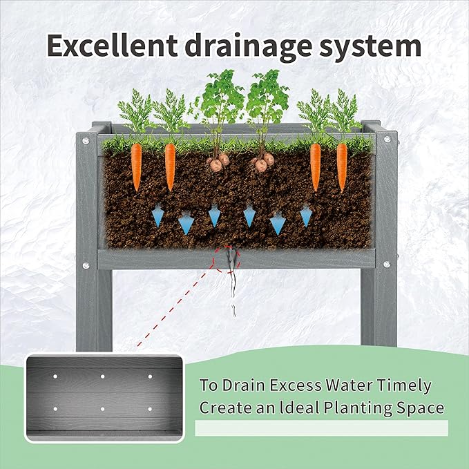 Raised Garden Bed with Drainage Hole Waterproof HDPE Elevated Planter Box with Legs Stable and Durable to Plant Herb Vegetable Flower,Patio,Balcony Outdoors/Indoors Gray