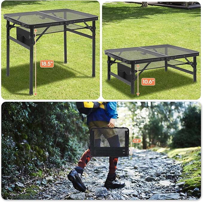 Camping Portable Folding Grill 2x1.3 FT Table, Lightweight Height Adjustable Metal Picnic Outdoor Table with Mesh Desktop and Mesh Bag, Picnic, Beach and BBQ, Party