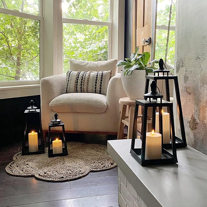 LampLust Black Lanterns Decorative Outdoor Lantern, 13 Inch Black, Battery Powered, Metal with No Glass, Indoor Outdoor Lanterns for Patio Waterproof, Spring Front Porch Floor Patio Home Decor