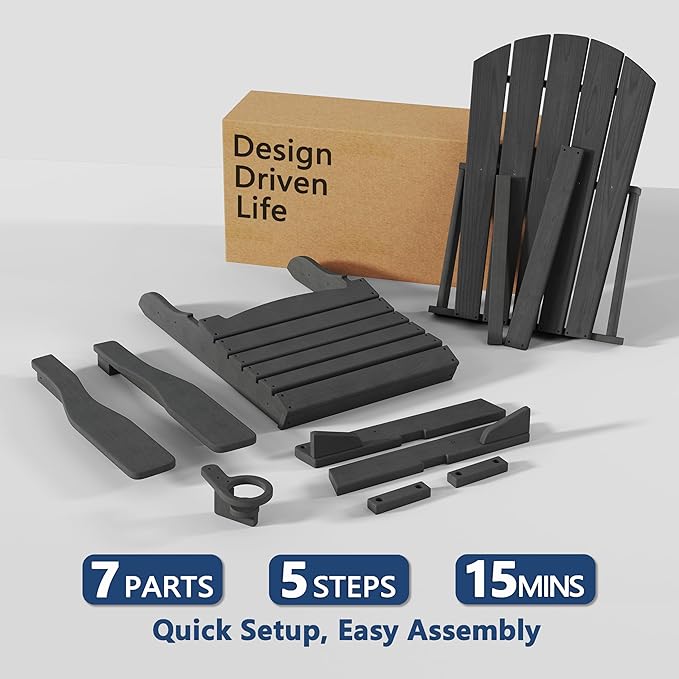 Folding Adirondack Chair with Cup Holder, HDPE All Weather Resistant Plastic Outdoor Patio Chairs, Heavy Duty Fire Pit Seating for Backyard Lawn Garden, Wooden Textured Design(Gray)