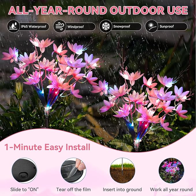 Neporal Solar Flowers Outdoor Waterproof IP65, 5-Head Snow Lotus with 20+ Flowers, 4-Color Light & 2 Lighting Modes, Decorative Solar Lights Outdoor Garden, Yard, Pathway, Flower Bed (4-Pack, Pink)