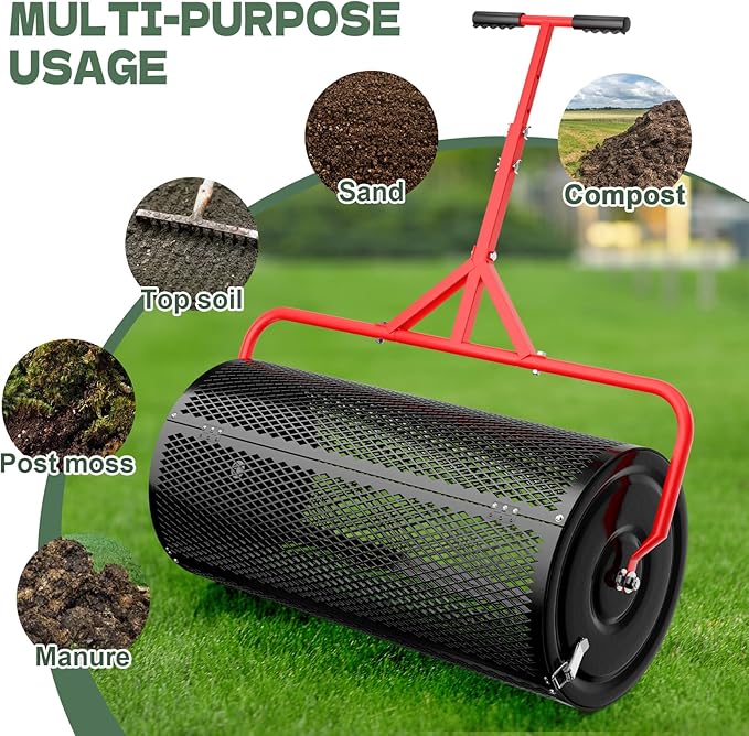 Compost Peat Moss Spreader for Lawn, 30 Inch Compost Roller Spreader with Adjustable T-Shaped Handle, Upgraded Side Clasps, Durable Lightweight Metal Roller, Lawn Garden Yard Care