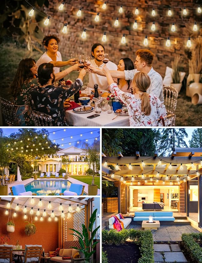 Brightever 180FT LED Outdoor String Lights, Dimmable Patio Lights with Remote Control, 56 Shatterproof ST38 Edison Bulbs, 3 Lighting Modes, 3H/5H Timer, Outdoor Hanging Light for Pool,Fence, Garden