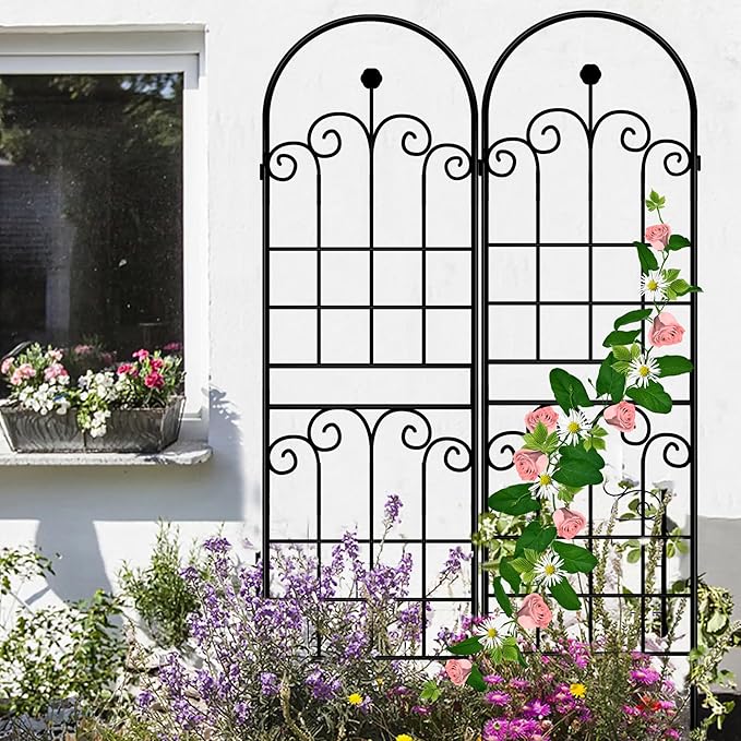LZRS 4 Pack 71x20in Rustic Iron Arch Decoration Garden Trellis with Black Metal Coating โ Perfect for Supporting Climbing Plants Outdoor, Roses, Vines, Flowers, and Vegetables.