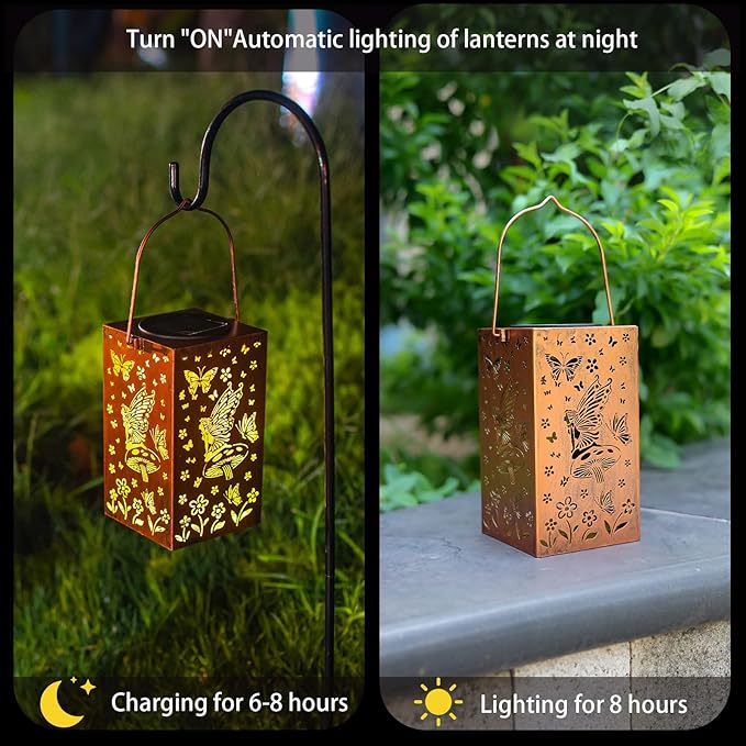 Solar Lanterns Outdoor Waterproof Lights Hanging Butterfly Metal Fairy LED Lantern Decorative Garden Decor for Yard,Porch,Patio,Fence,Lawn,Christmas Gifts for Women Grandma Mom