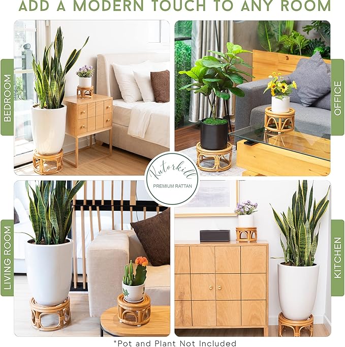 Set of 2 Boho Rattan Woven Round Decorative Risers Plant Stands Indoor, Mid Century Minimalist Modern Plant Stand, Wicker Short Plant Stand Holder Suitable Fits 8'' and 12'' Pots