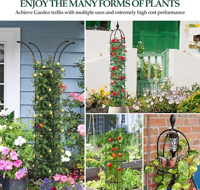 Obelisk Trellis for Climbing Plants Outdoor 6.6ft, Garden Tower Trellis for Potted Plants Indoor with Twist Tie, Clips and Butterflies Rustproof Coated Metal Support for Vines Rose 2Pack
