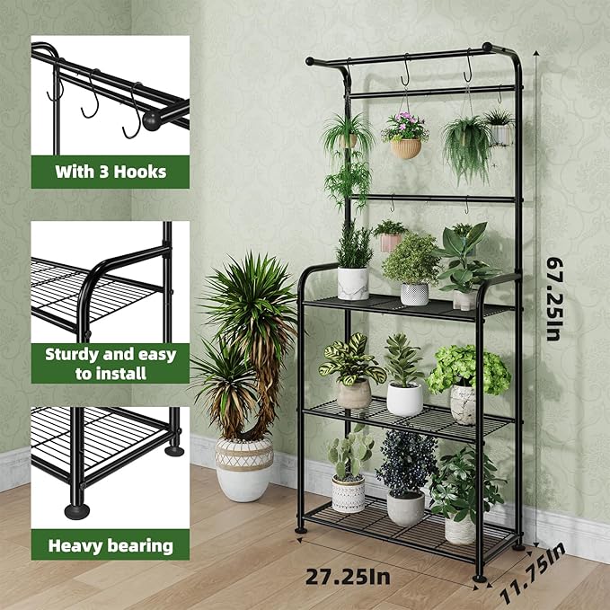 Plant Stand Indoor Outdoor, Heavy Duty Metal 3 Tiered Tall Hanging Plant Shelf for Multiple Flower Planter Holder 67" Large Rack for Living Room Garden Balcony, Black