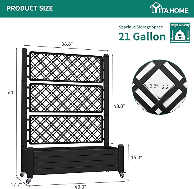 YITAHOME 43.3x17.7x61 in Planter Trellis Box with Wheels & Drain Plug, Outdoor Resin Raised Garden Bed for Climbing Plants, Large Weather-Resistant Design, Black