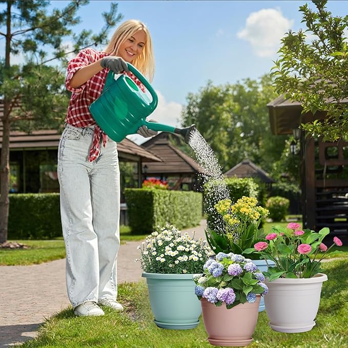 5 Packs 10 inch Plant Pots + Saucer, Planters for Indoor & Outdoor Plants with Drainage Holes | Plastic Flower Pots, Large Planter (Light Green, 10 inch)