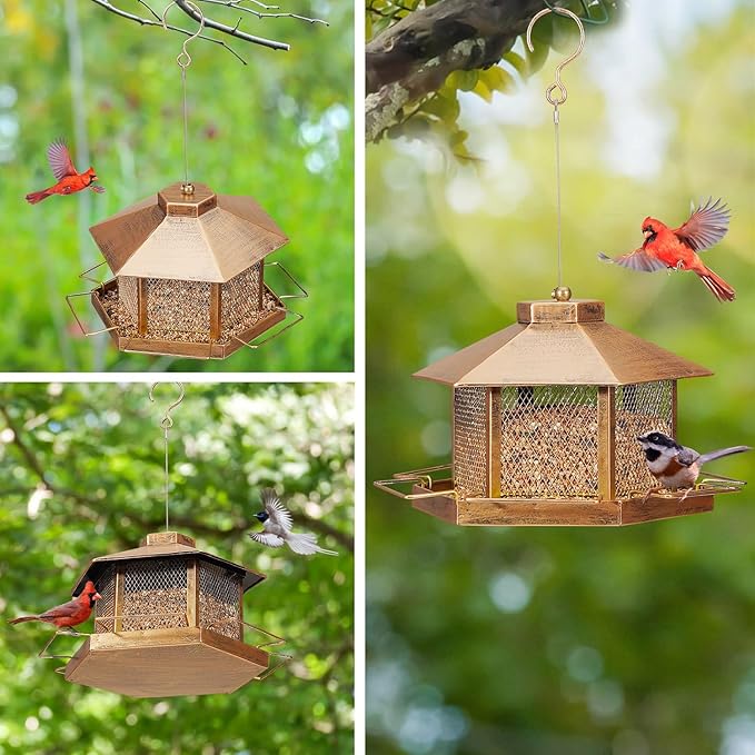 Metal Bird Feeder for Outdoor Hanging, 4.6LB Large Capacity, Garden Decoration - Attracts Wild Birds, Durable Outdoor Bird Feeding Station for Garden Yard Outside Backyard (Extra Large Gold)