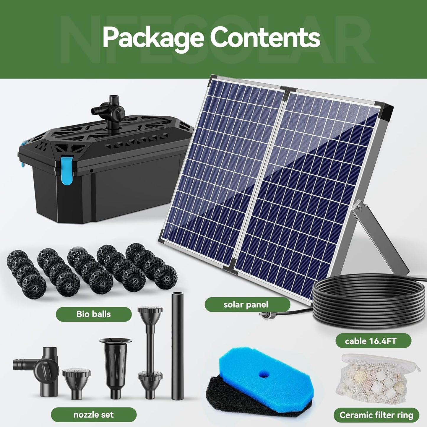 NFESOLAR Pond Filter Fountain with 50W Solar Panel, 580 GPH Water Pump, 10 FT Extension Cord, Solar Fountain Pump with Pond Filter Box Outdoor for Koi Ponds Water Feature Waterfall Pool