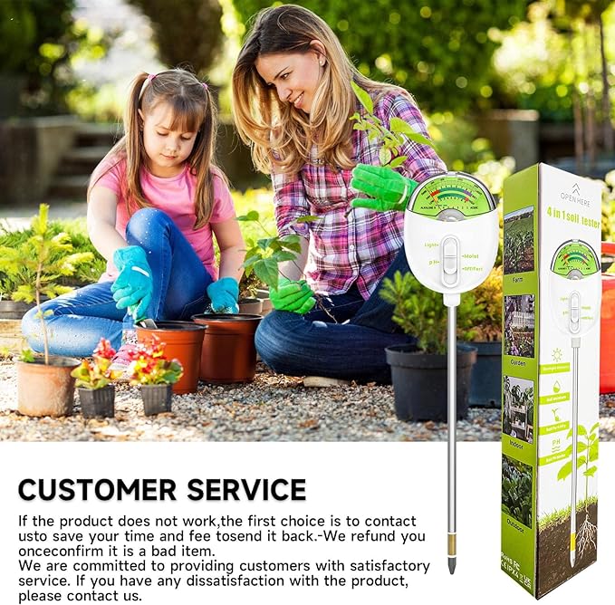 4-in-1 Plant Soil Tester with pH, Moisture, Fertility & Light Meter, Rotatable Dial Soil Test Kit, No Battery Required for Garden, Lawn, Farm, Indoor & Outdoor Plants, White