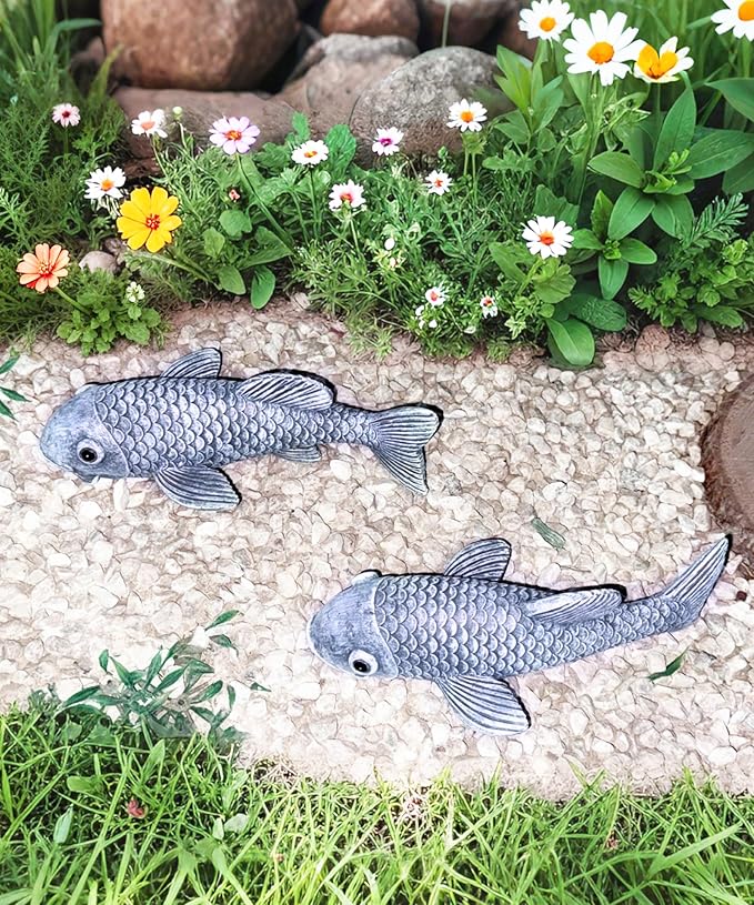 Outdoor Koi Fish Statues 2Pack: Garden Sculpture Ornaments Pond Decor for Yard Lawn Patio Porch Outside Decorative Gifts for Grandma Women Mom