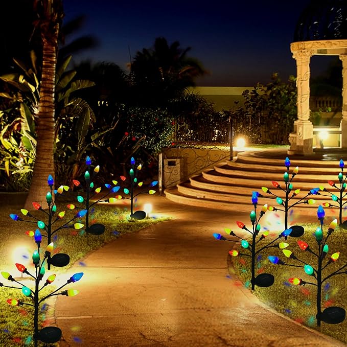 C7 Solar Christmas Lights Outdoor, 4Pack Christmas Pathway Lights with 48 LED Strawberry Multicolor Lights, 8 Modes Outdoor Waterproof Christmas Decorations Lights for Garden,Yard,Pathway (4 Pack)